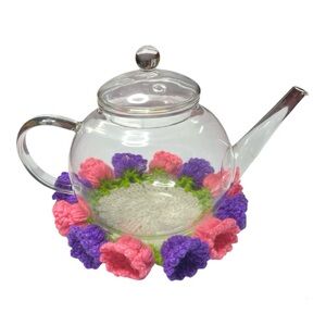 Hand Crocheted Floral Mug Rug / Coaster – Pink & Purple Flower Cup Mat